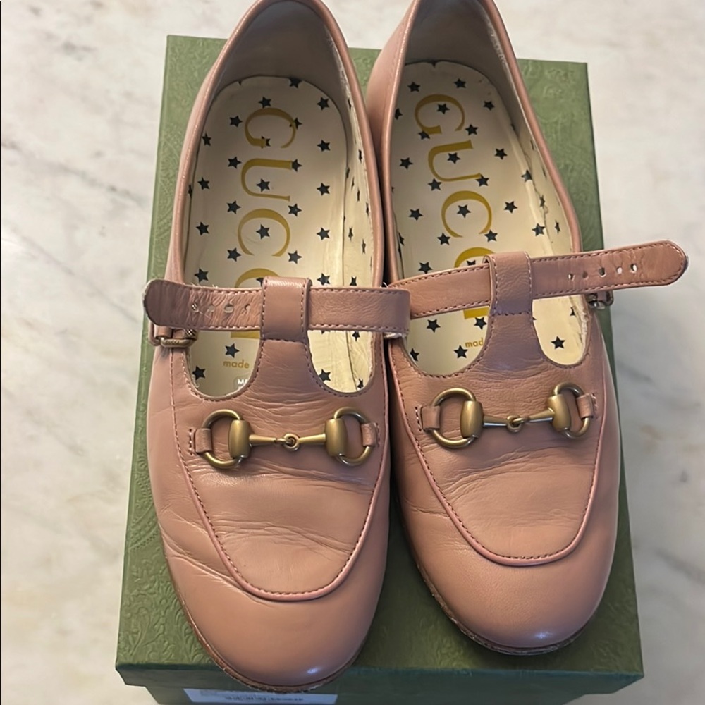 Gucci Pink Leather Loafers with Gold Strap